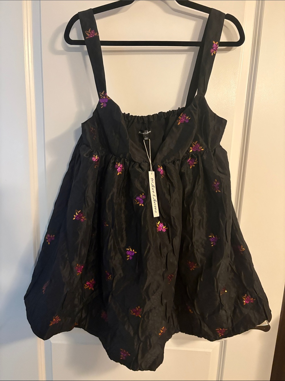 For Love And Lemons Black Mini Bubble Dress with Pink & Gold Embroidered Flowers - Picture 3 of 7